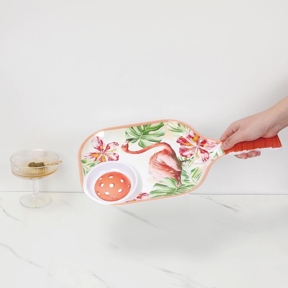 Flamingo Melamine Chip and Dip Tray, Tropical Floral Pickleball Paddle design. - Picture 9 of 9